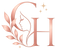 Rose gold logo with initials 'GH' and leaf design on a white background